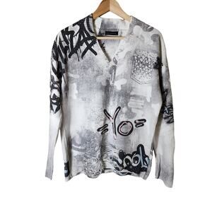 NEW COLLECTION Gray Y2K Distressed Grunge Graffiti V-Neck Pullover Sweater SZ L